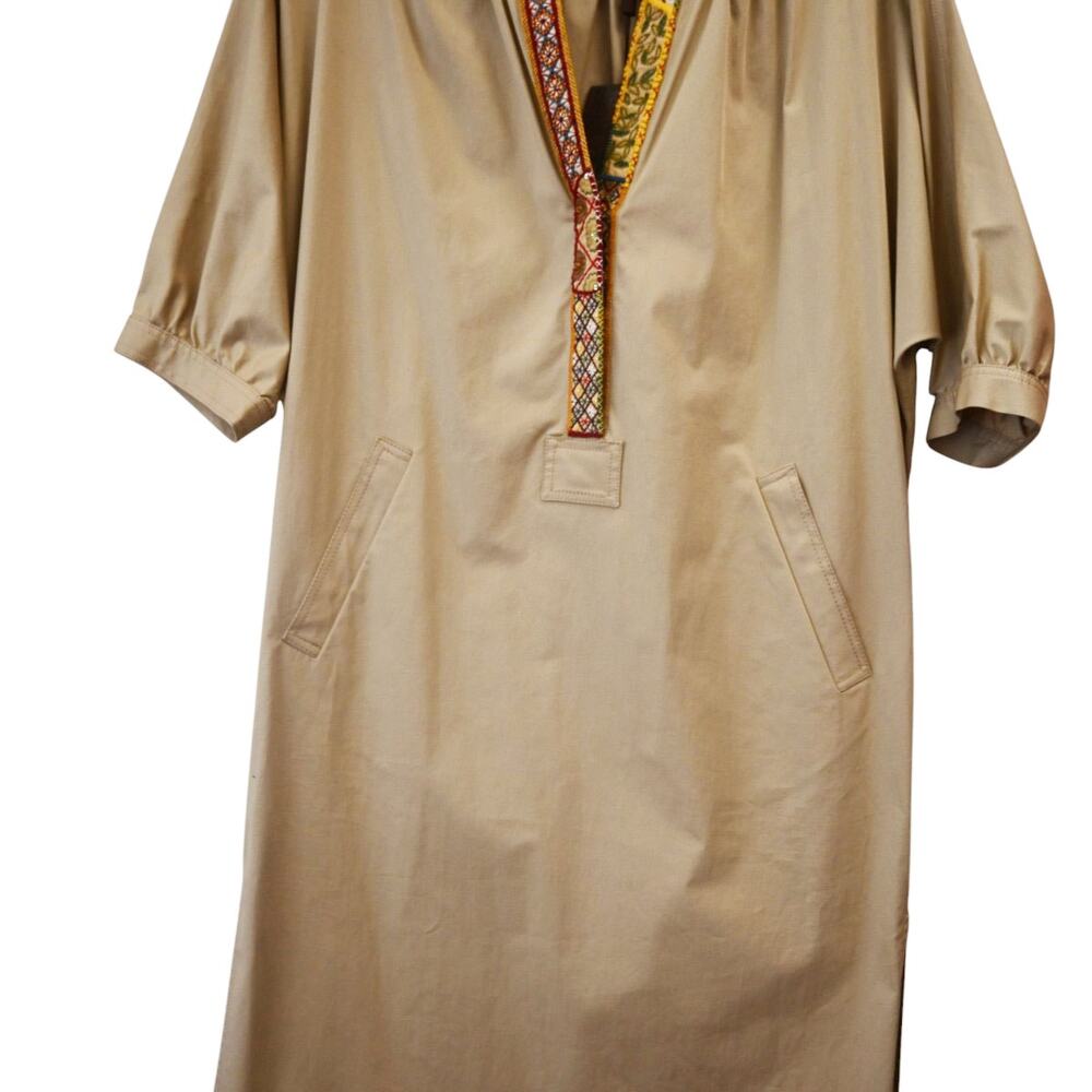 Etro Milano Embroidered Neck Tan Cotton Blend Tunic Dress Size 42 Approx US 6 - Picture 4 of 13